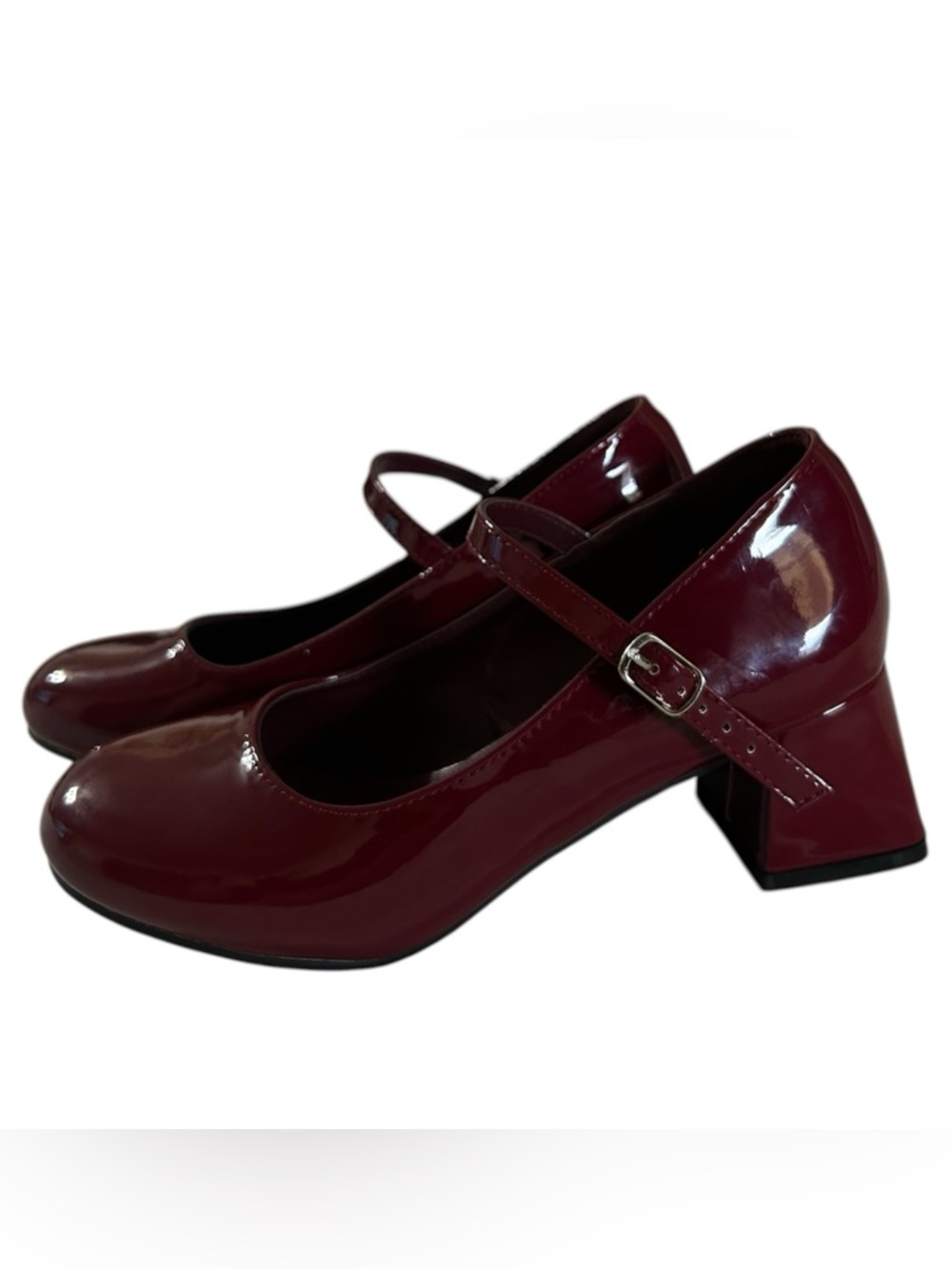 Cider Burgundy Glossy Faux Leather Mary Jane Chunky Heels - Women's Size 7